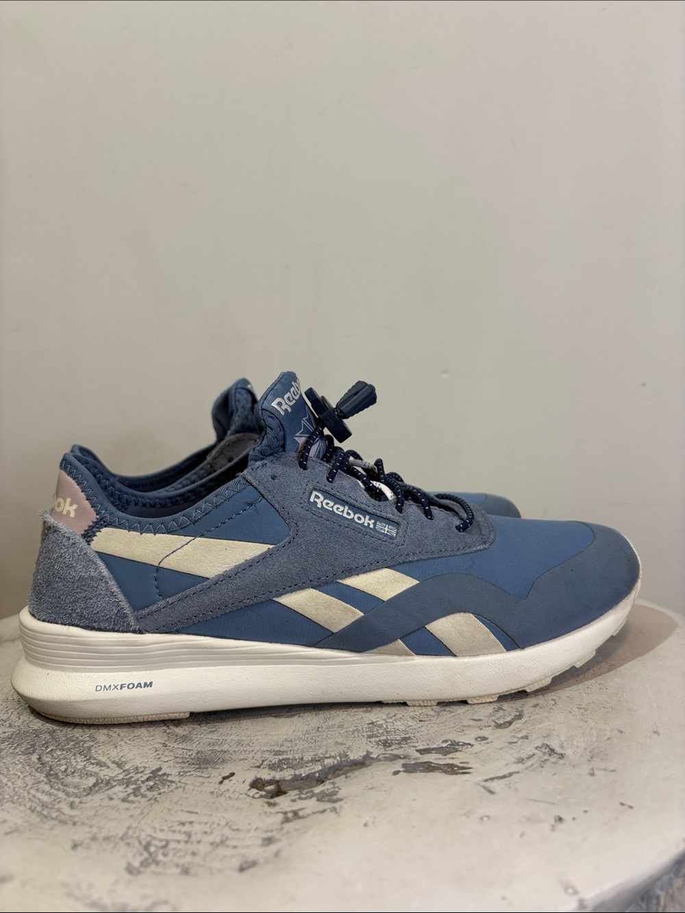 Blue Slate Elastic Lock Laces Reebok Classic Nylon SP Sneakers DMX Foam Sole 8.5